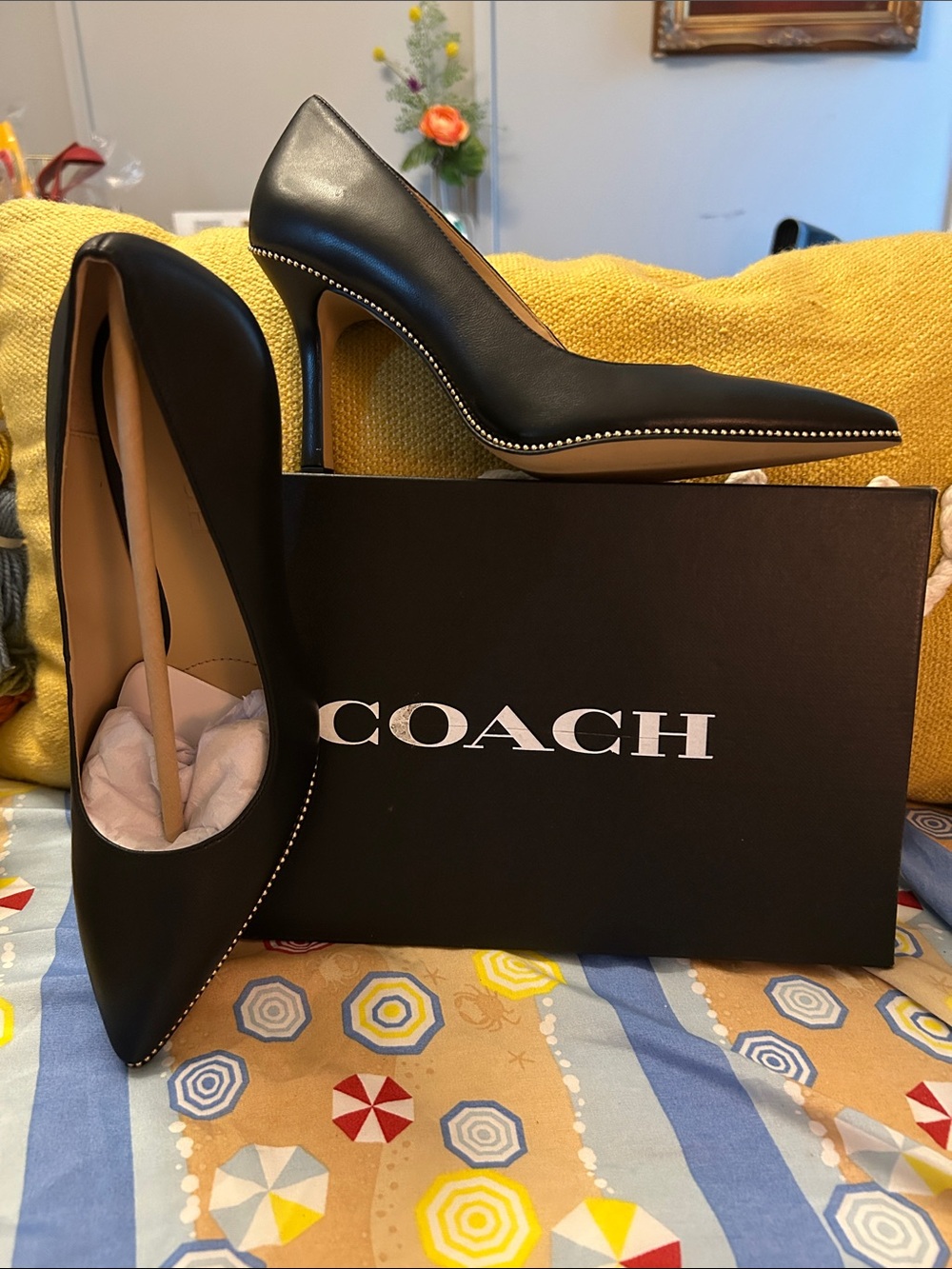 COACH Black Leather Pointed Toe Stiletto Pumps with Stud Trim